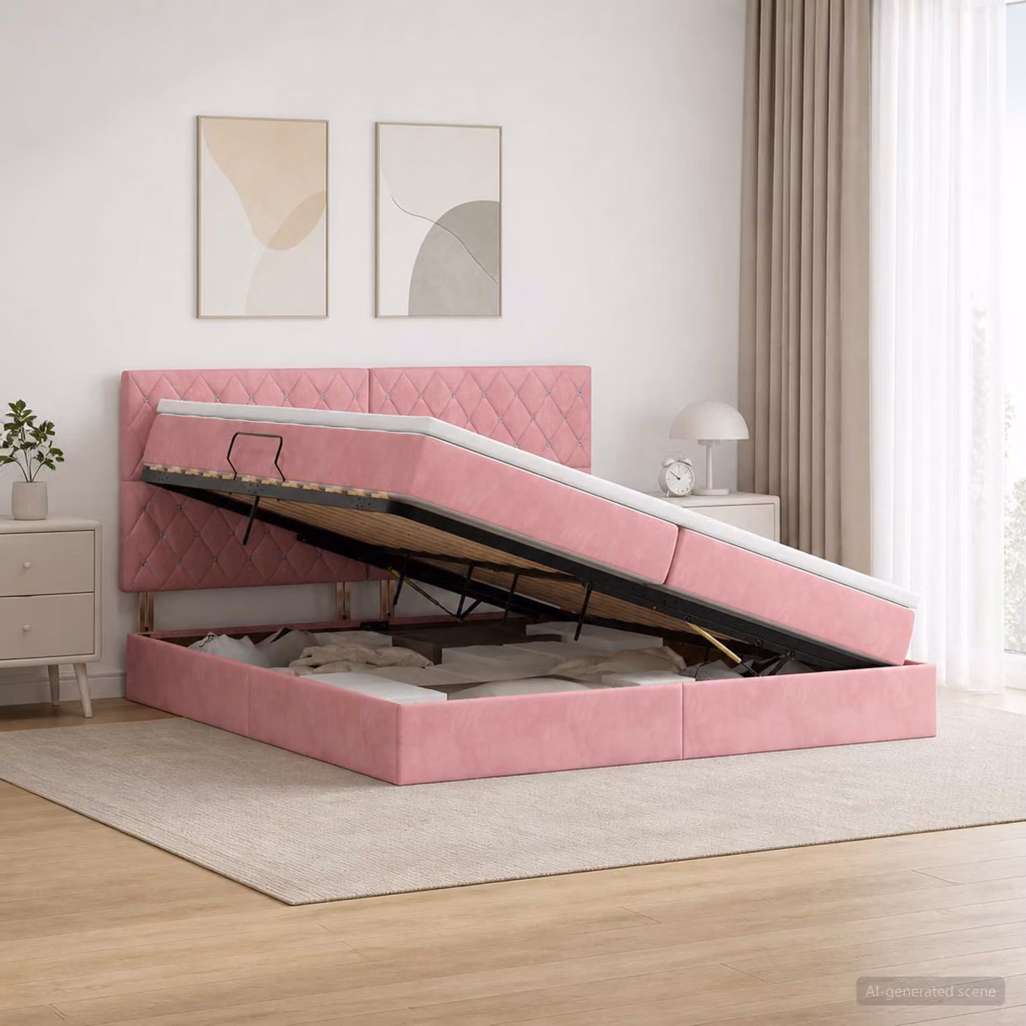 Letto con contenitore e materasso vidaXL in velluto rosa L/P/H: 200 x 200 x 140 cm