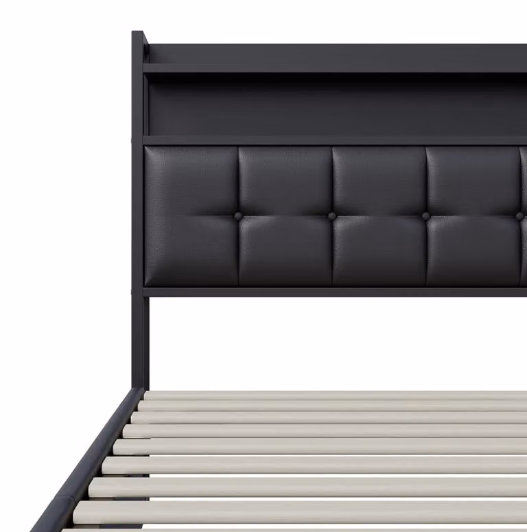 Letto imbottito - Letto matrimoniale - 140 x 190 cm - Contenitore con sistema idraulico - Rivestito in ecopelle - Struttura a listelli - Colore: nero