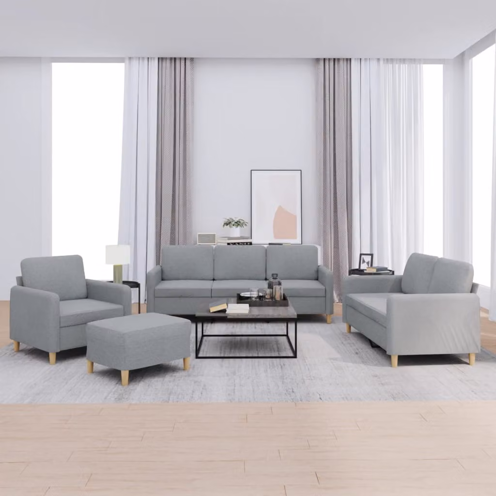 vidaXL Set di Divani 4 Pezzi Moderno in Tessuto Grigio con Cuscini e Pouf – 1