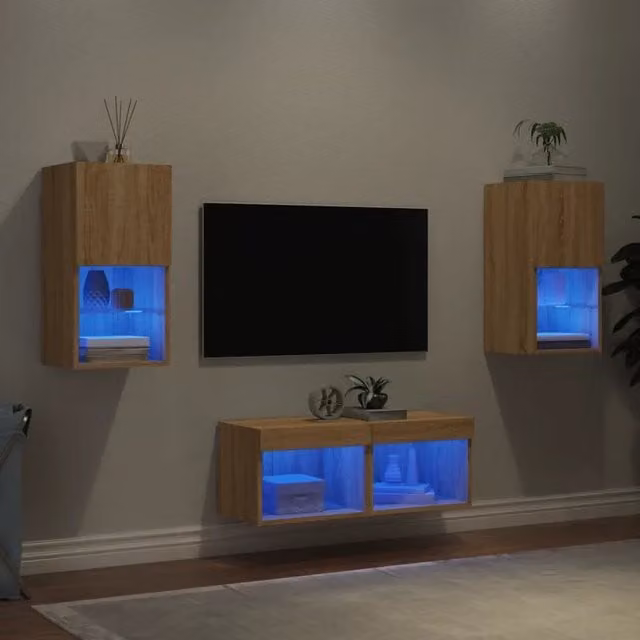 Set di mobili TV da parete vidaXL in legno rovere color marrone con luci LED integrate e scomparti multimediali per soggiorno in stile moderno – 1