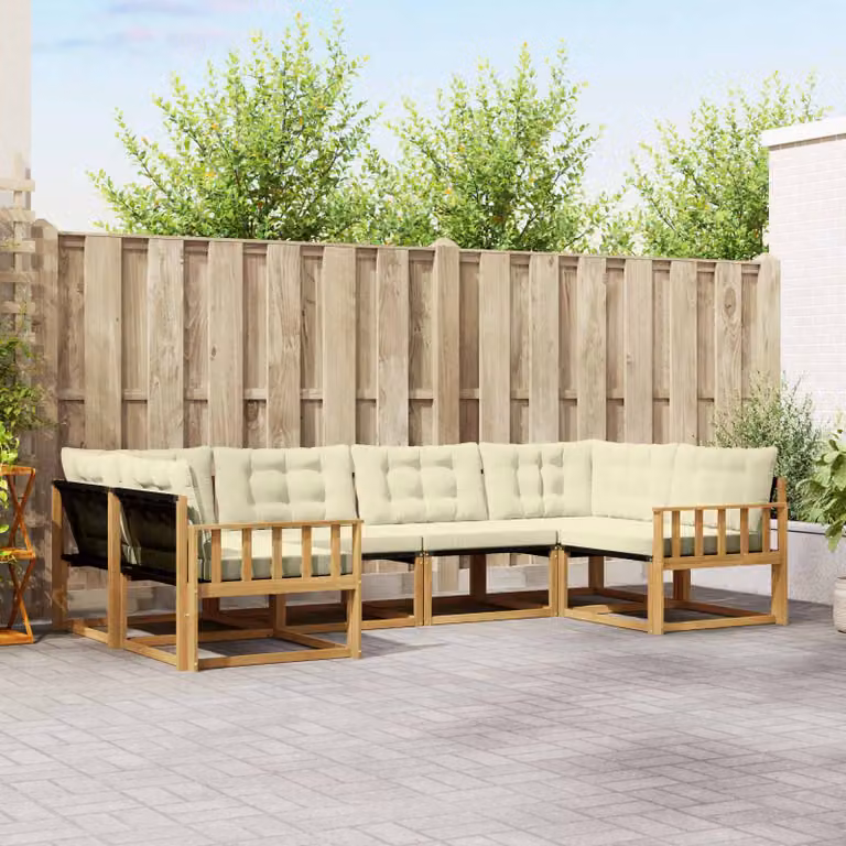 Set di divani da esterno vidaXL a forma di L composto da 6 pezzi in legno di acacia con cuscini in tessuto textilene, colori bianco, beige e marrone