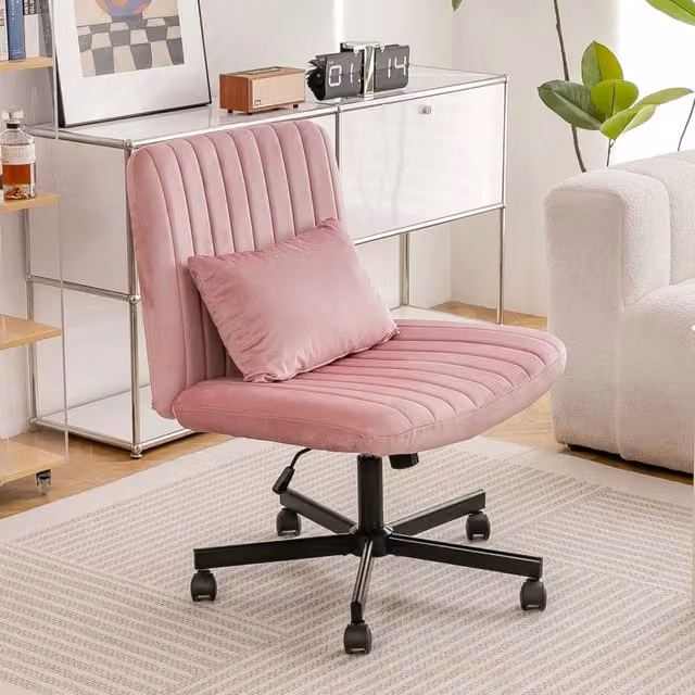 Sedia da ufficio girevole OKWISH in velluto rosa, modello moderno con ruote e base in metallo e plastica