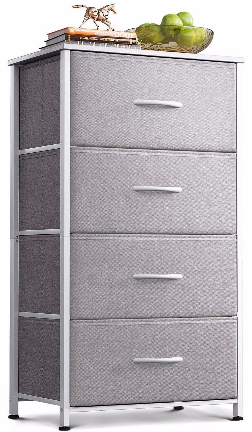 Comodino stretto con 4 cassetti rivestiti in tessuto, color grigio chiaro, dimensioni 40x30x80 cm