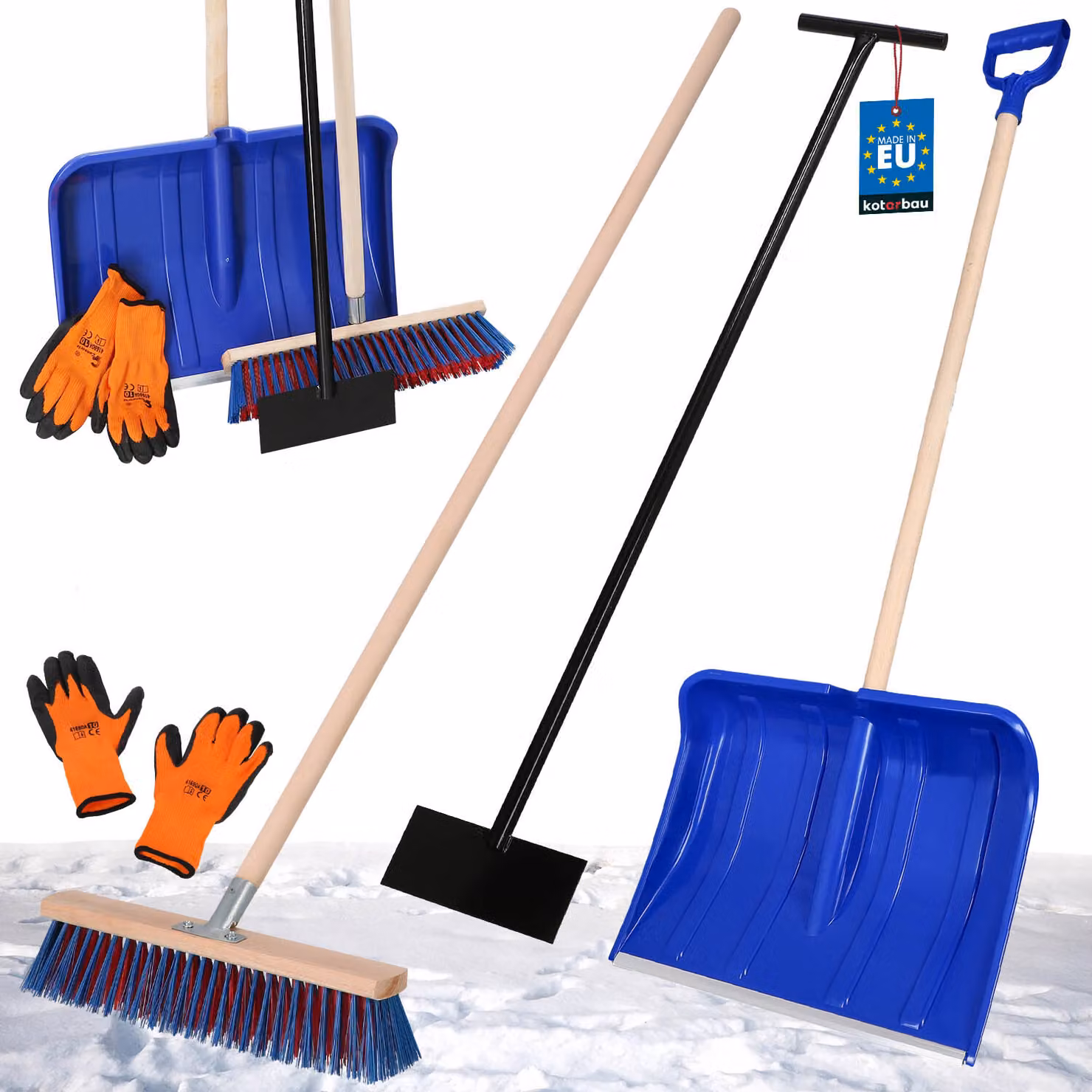 KOTARBAU® Set Pala da neve con manico in legno 135 cm Scopa stradale con manico 150 cm Raschietto per ghiaccio 119 x 20 cm + guanti Pala da neve Spazzola da neve Spazzola da neve Manico in legno per rimozione neve