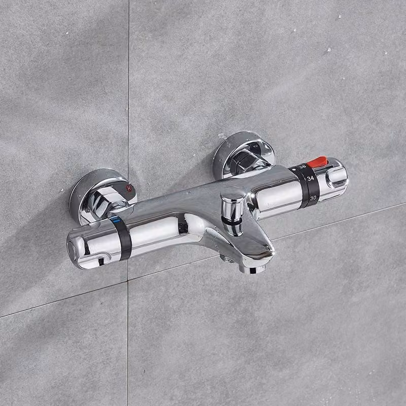 Termostato per rubinetto doccia e vasca da bagno - Miscelatore doccia da parete - Controllo termostatico automatico - Due manopole - Corpo in ottone - Finitura cromata lucida - Colore: cromo