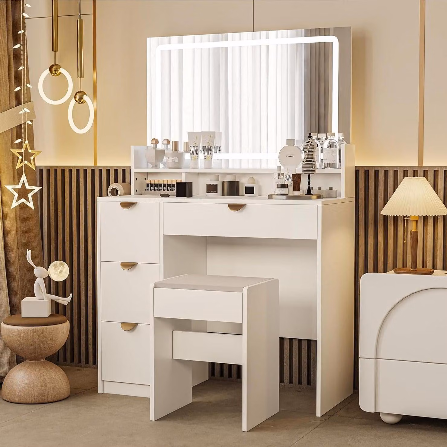 Comò da trucco con specchio a LED e presa di corrente - Comò con 4 cassetti e sgabello - Bianco
