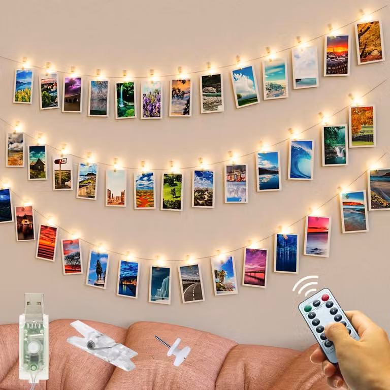 Catena luminosa da 5 metri, con 50 LED, clip per foto USB, luce bianco caldo, con telecomando