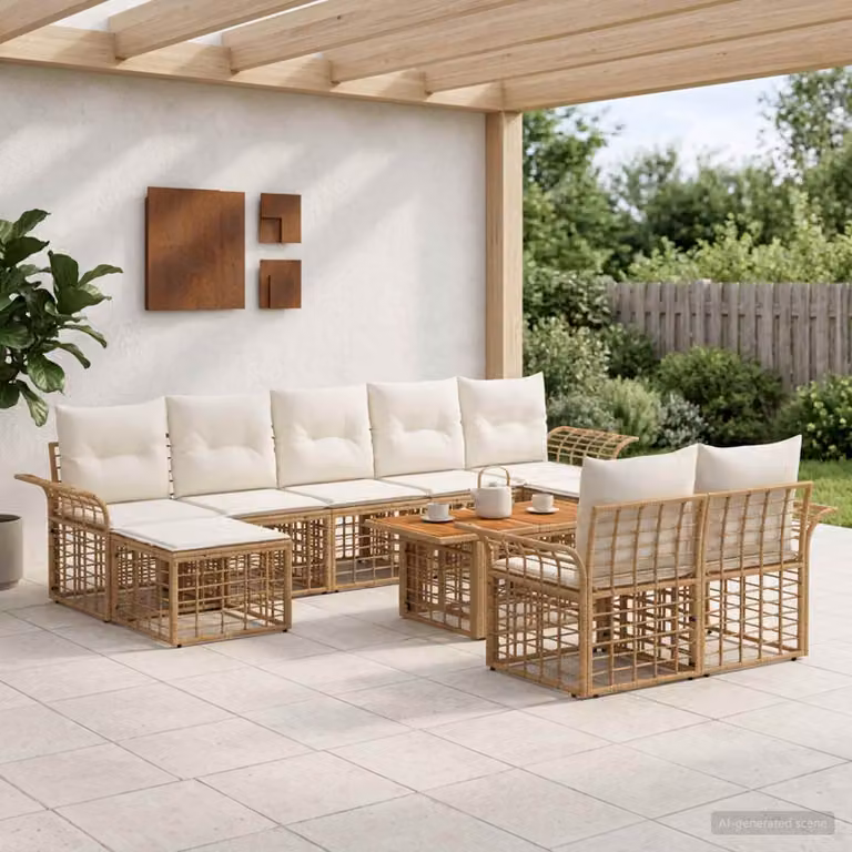 Set Divano da Giardino vidaXL 10 pz in Polyrattan Naturale e Bianco Crema