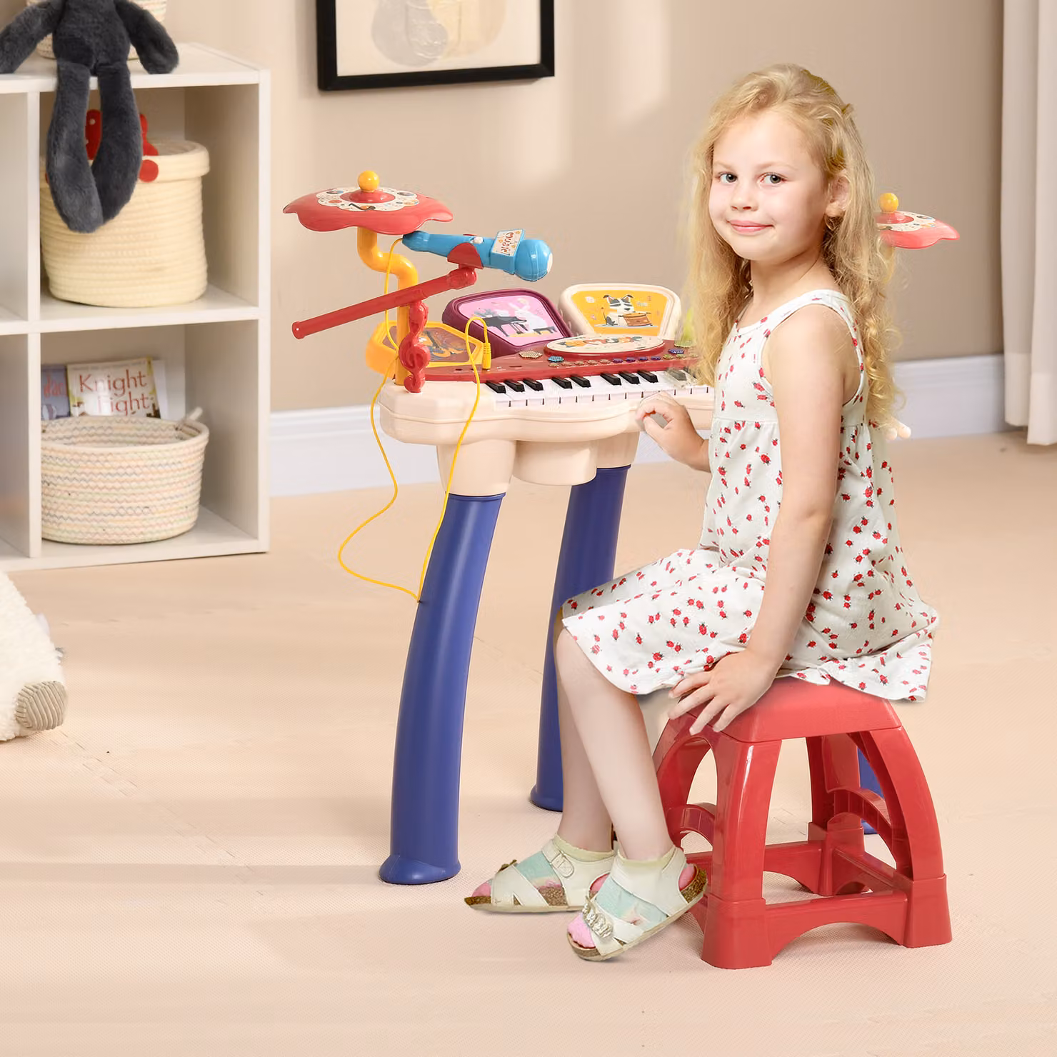 AIYAPLAY Set Musicale per Bambini con Pianoforte, Sgabello, Microfono e Tamburo, Multicolore, L/P/H: 74 x 32.2 x 71 cm – 2