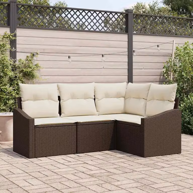 Set Divano da Giardino a L vidaXL in Polyrattan Marrone e Bianco con Cuscini e Struttura in Acciaio Verniciato a Polvere
