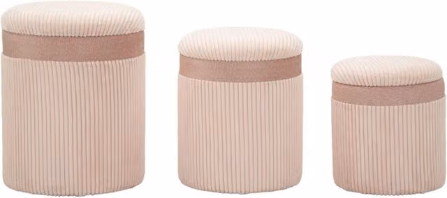 Set di 3 pouf contenitore Cortina vikasa_home in velluto a coste rosa con fascia glitter, forme cilindriche, Diametro: 40,5 cm, Altezza: 49,5 cm; Diametro: 35 cm, Altezza: 42 cm; Diametro: 31 cm, Altezza: 38 cm
