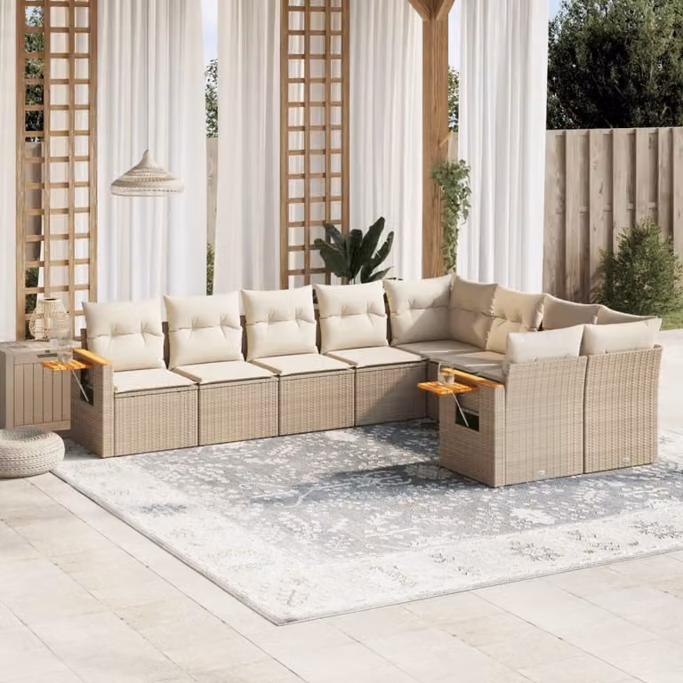 vidaXL Set Divano da Giardino a L 9 pz con Cuscini Beige e Tavolino in Polyrattan e Legno di Acacia