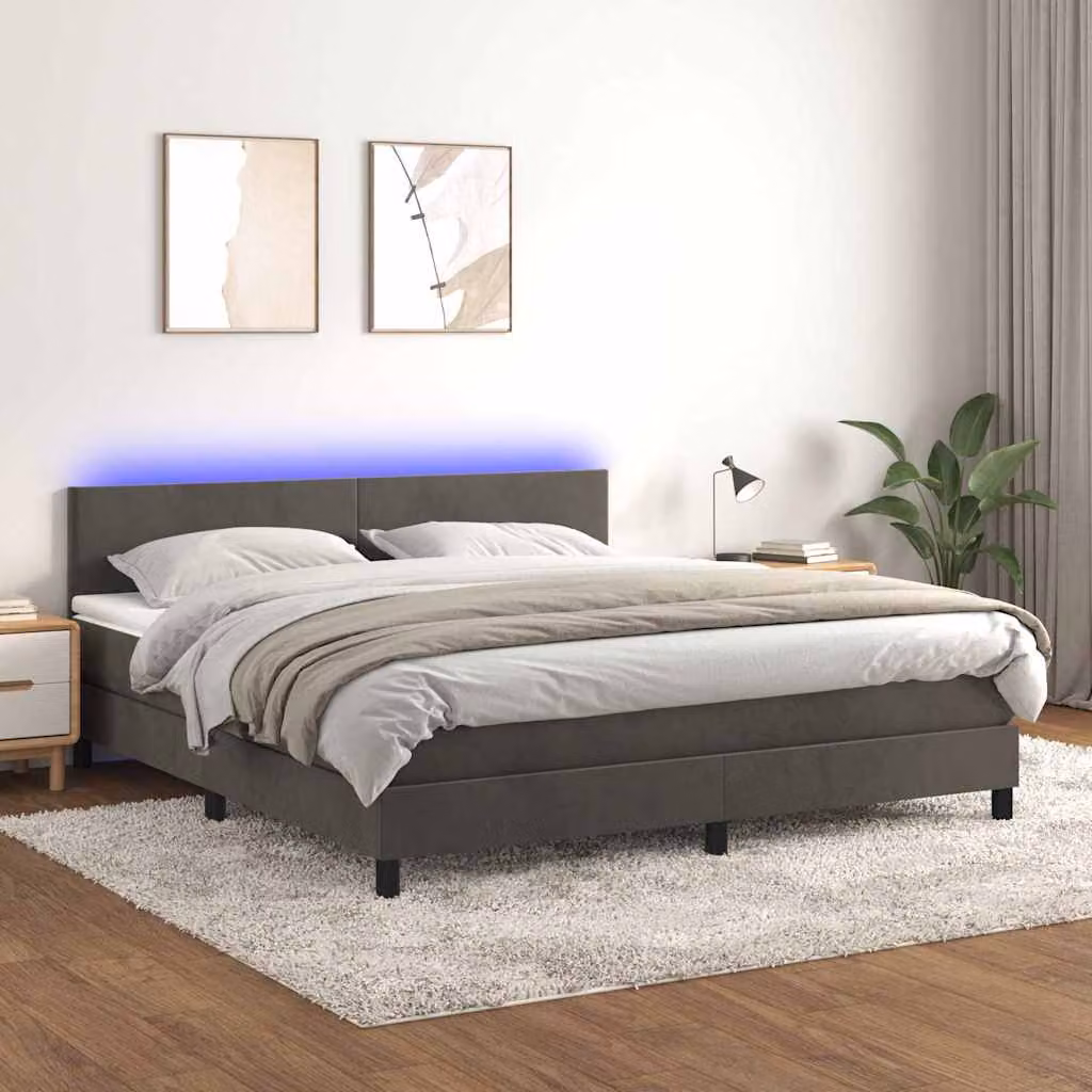 Letto Ibrido vidaXL con Materasso, Illuminazione LED Sotto il Letto e Porte USB, Rivestimento in Velluto Grigio e Bianco, L/P/H: 180 x 200 x 103 cm – 1