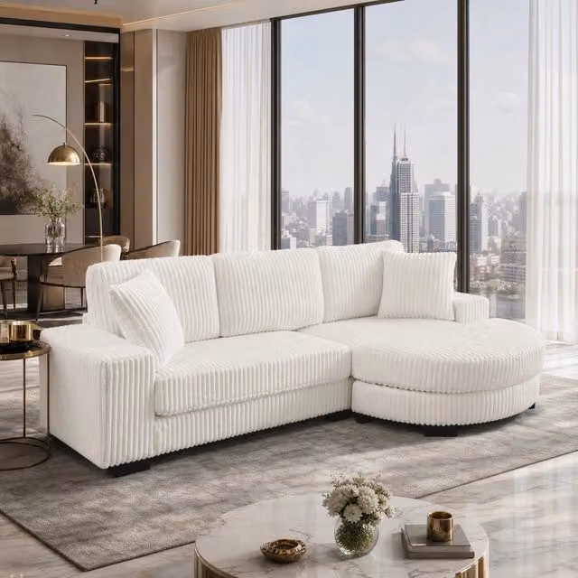 Divano angolare a L con pouf ovale reversibile; velluto a coste beige; 2 cuscini; 256;5 × 133;5 × 89 cm