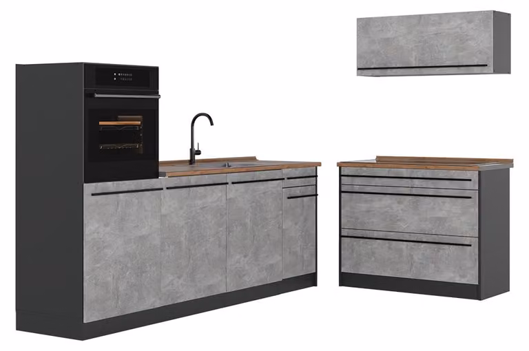 Cucina componibile Vicco R-Line Calcestruzzo/Antracite 220 cm piano di lavoro Rovere dorato, Model 67418