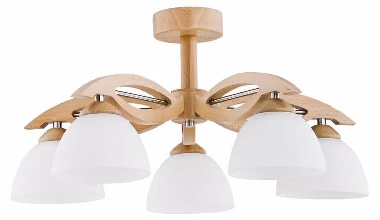 Lampada da soffitto EMIR in legno chiaro, bianco e cromato, 5xE27x15W, legno, dimensioni: 28,5x56x56 cm, IP20, Alfa