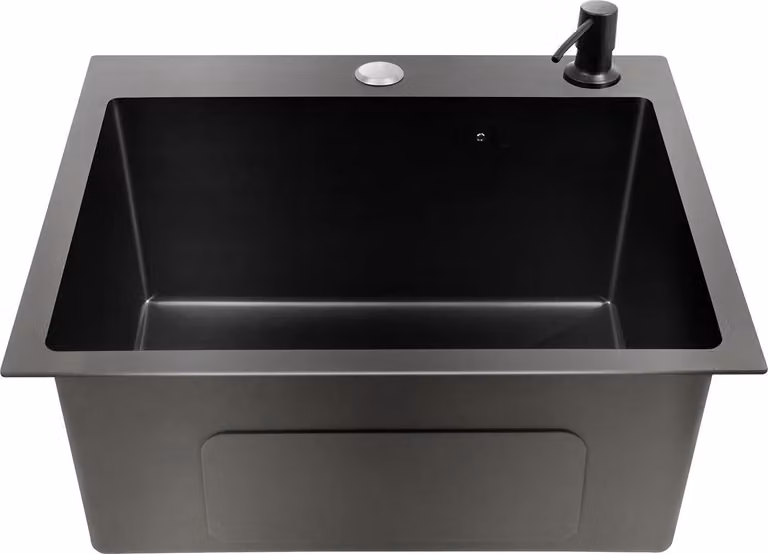 Lavello da cucina in acciaio inossidabile - 45x40 cm - Lavello da incasso - Rivestimento nanotecnologico - Adatto per installazione a incasso o a sovrapposizione - Kit di scarico con cestello - Dispenser per sapone - Colore: nero