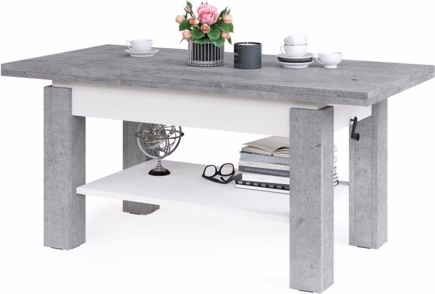 All4All Tavolino da caffè Bresso Concrete+White, 130x65 , Tavolo da soggiorno , Tavolo pieghevole , Tavolino da caffè regolabile in altezza , con vano portaoggetti , Tavolo da divano con vano portaoggetti