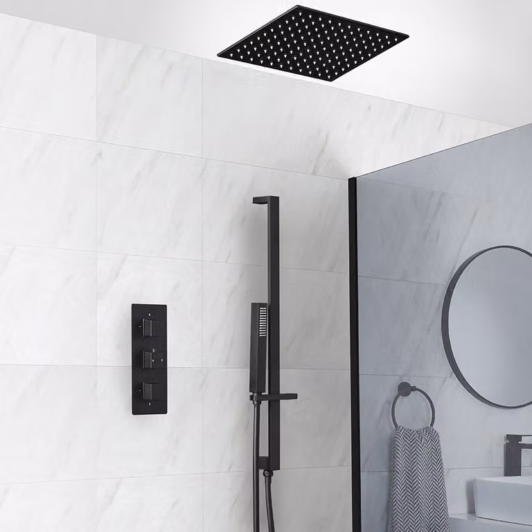 Sistema Termostatico Nero per Doccia e Vasca con Soffione Quadrato da Incasso da 400mm, Asta Saliscendi con Doccetta (2 Vie) - Preto