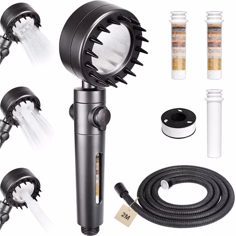 Doccia con filtro, 3 tipi di getto, a risparmio idrico, tubo da 2 metri, colore grigio