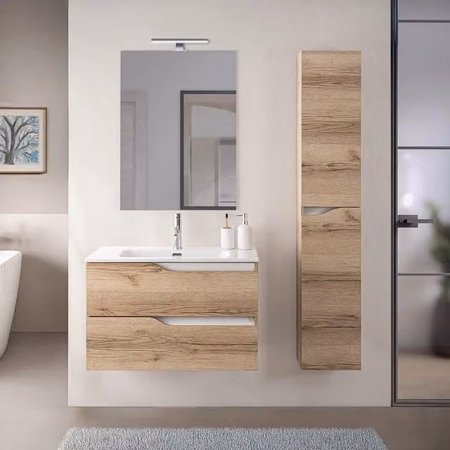 Mobile bagno sospeso Sumya con lavabo e pensile, colore quercia e bianco
