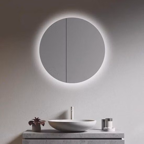 Armadietto a specchio rotondo in alluminio con illuminazione perimetrale e diametro di 60 cm - due targhette in vetro