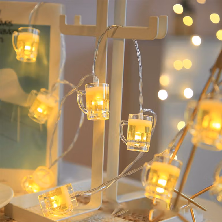 Catena luminosa a LED per bicchieri da birra, lunghezza 1,5 metri, 10 lampadine, luce bianco caldo, alimentazione a batteria