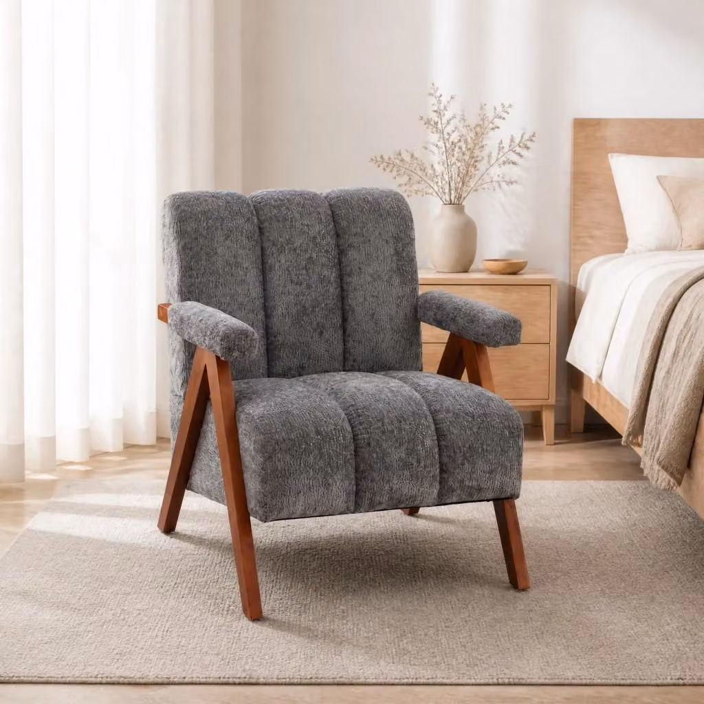 Poltrona con braccioli MIVRAY in tessuto bouclé e schiuma con struttura in legno, stile retro, disponibile in marrone o grigio – 2