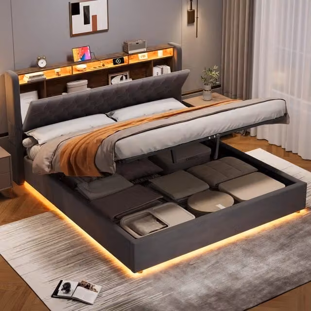 Letto Imbottito Grigio Scuro 180x200 cm con Testiera Contenitore e Ampio Vano Sottoletto