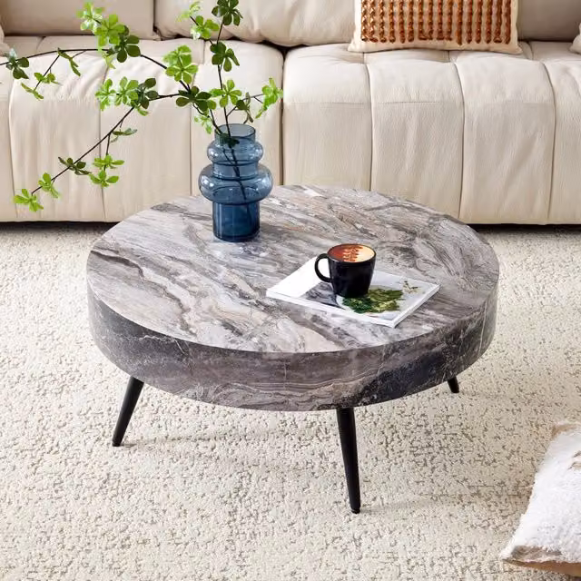 Tavolino da salotto rotondo ULEVR ?70 cm effetto marmo grigio, gambe in metallo nero e piedini regolabili