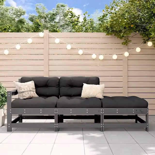 Set Divani da Giardino 3pz con Cuscini in Legno Massello Grigio 825599
