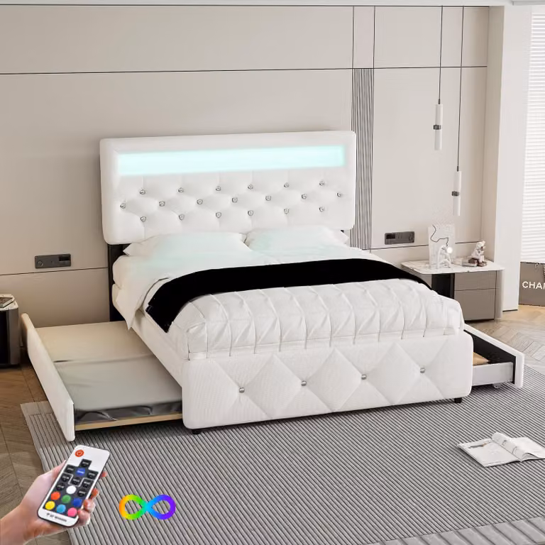 140 x 200 cm (90 x 190 cm) letto imbottito, letto matrimoniale, letto a piattaforma, letto imbottito con prolunga e 2 cassetti, comodino con striscia luminosa, bianco