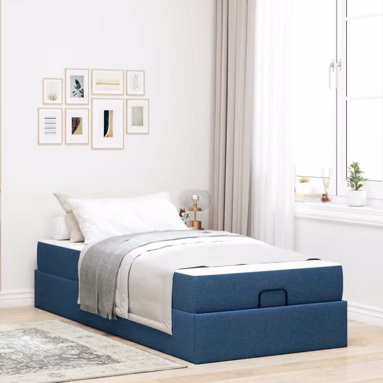 Set letto vidaXL con struttura imbottita in tessuto blu e 2 materassi in schiuma, L/P/H: 190 x 90 x 43,5 cm