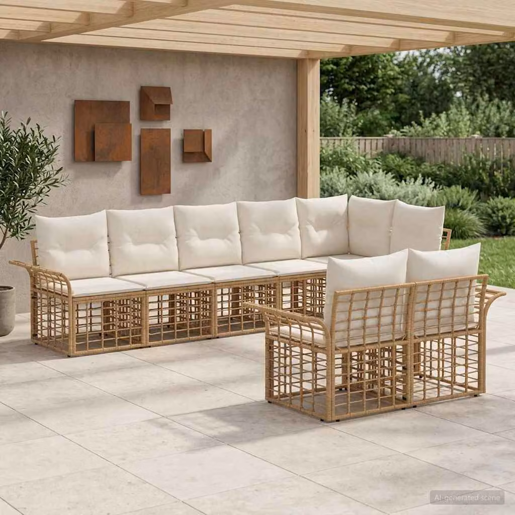 vidaXL Set di divani da esterno 8 pz a forma di U in rattan e metallo, colore beige e bianco crema con cuscini inclusi