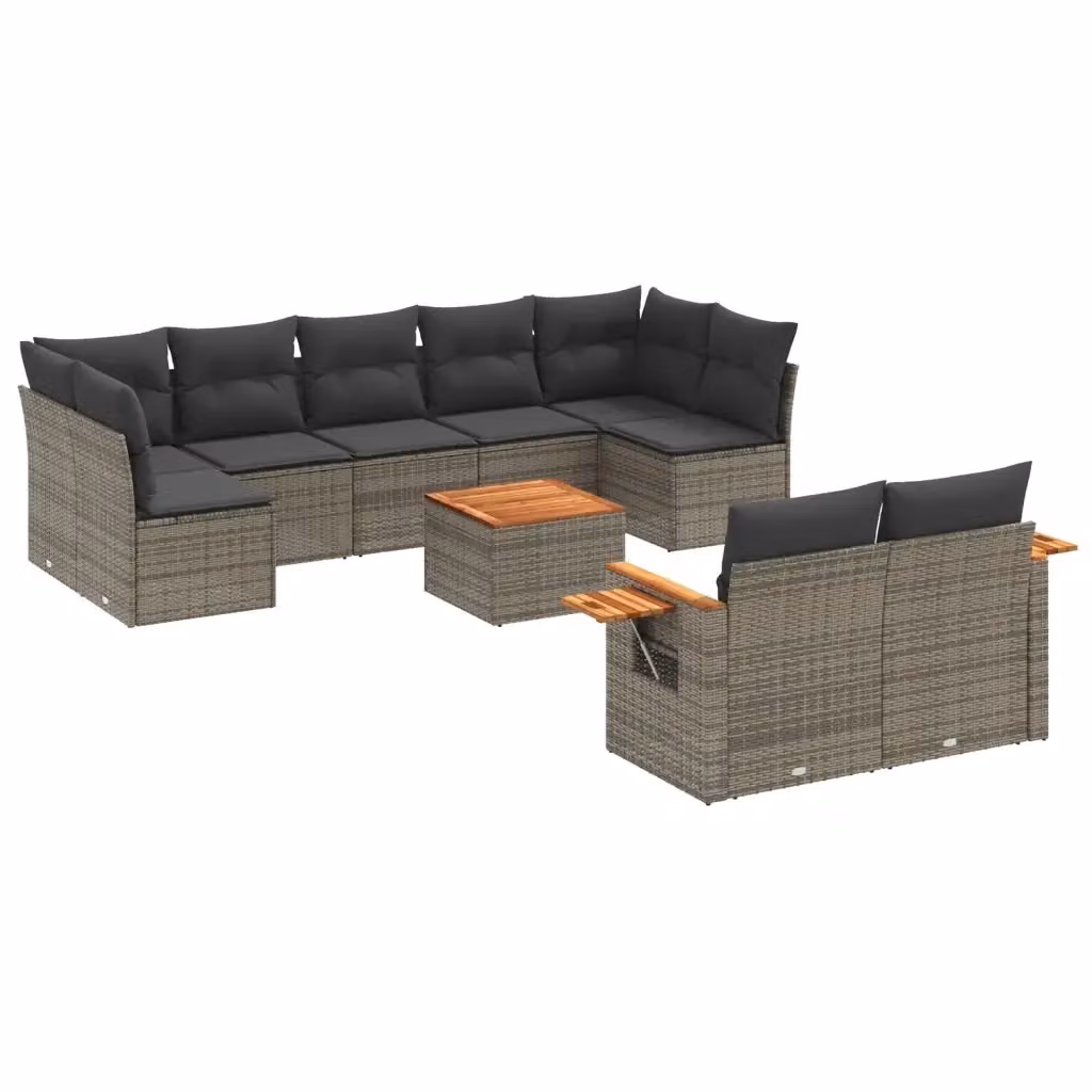 vidaXL Set Divano da Giardino 10 pz a Forma a L in Polyrattan Grigio con Cuscini e Tavolino – 2