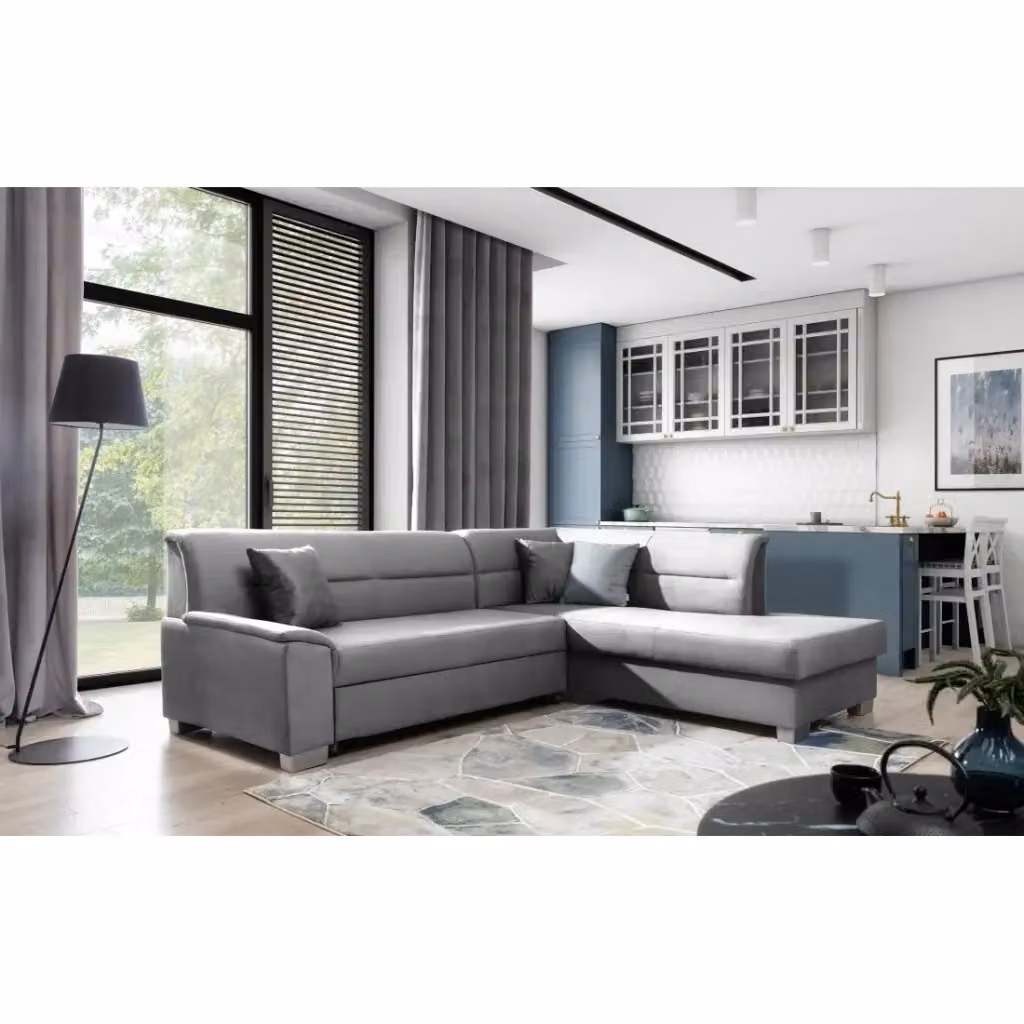 Divano ad angolo convertibile TROMSO MEUBLORAMA grigio effetto velluto con angolo destro e funzione letto – 2