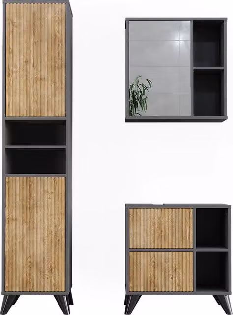 Set di mobili da bagno Leano Antracite/Rovere dorato 3 pezzi Vicco