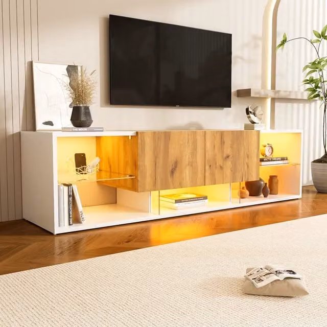 Mobile TV moderno REDOM con illuminazione LED integrata, finitura bianco e rovere, L/P/H: 160 x 40 x 42 cm – 1
