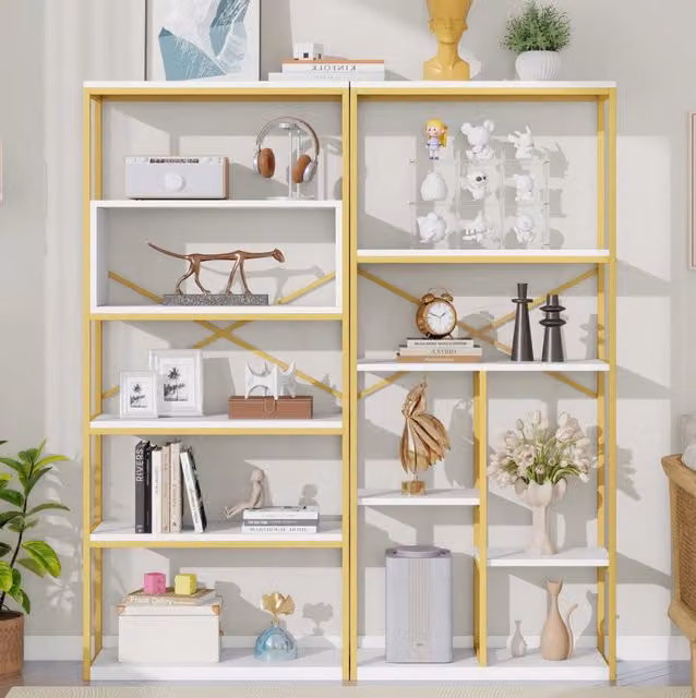 Libreria a ripiani aperti 160 x 29;5 x 180 cm in MDF e metallo oro e bianco