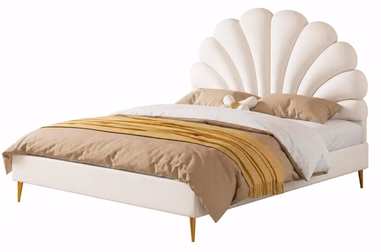 Letto per bambini beige in pelle, a forma di conchiglia, per bambine. Arredamento per bambini