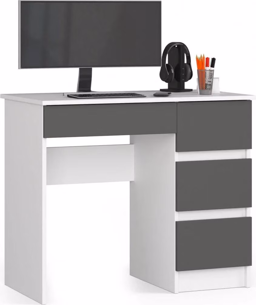 Scrivania con cassetti FENRIC - bianco / grigio, versione a destra