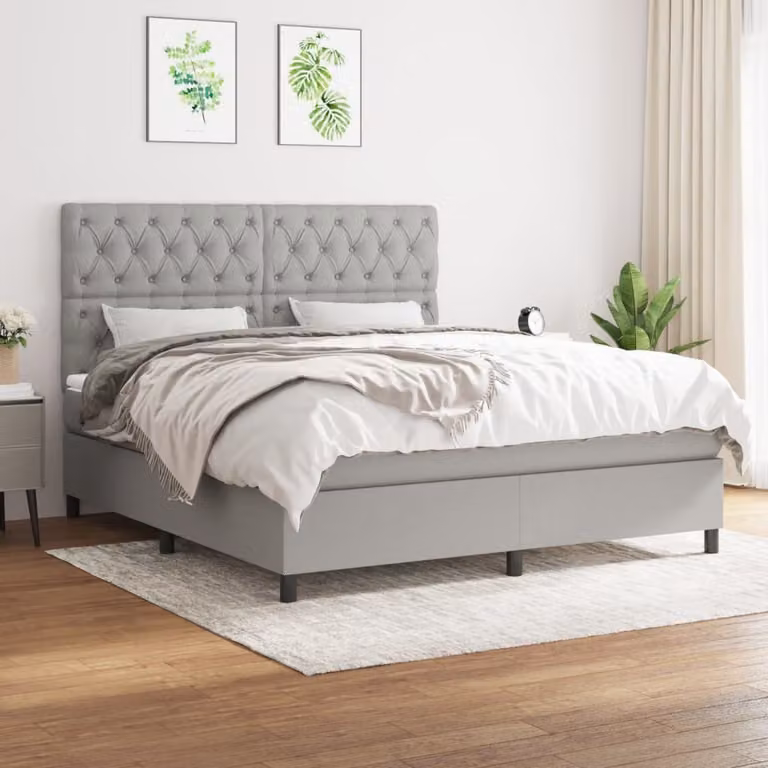 The Living Store Letto a molle con materasso grigio chiaro 160x200 cm in tessuto
