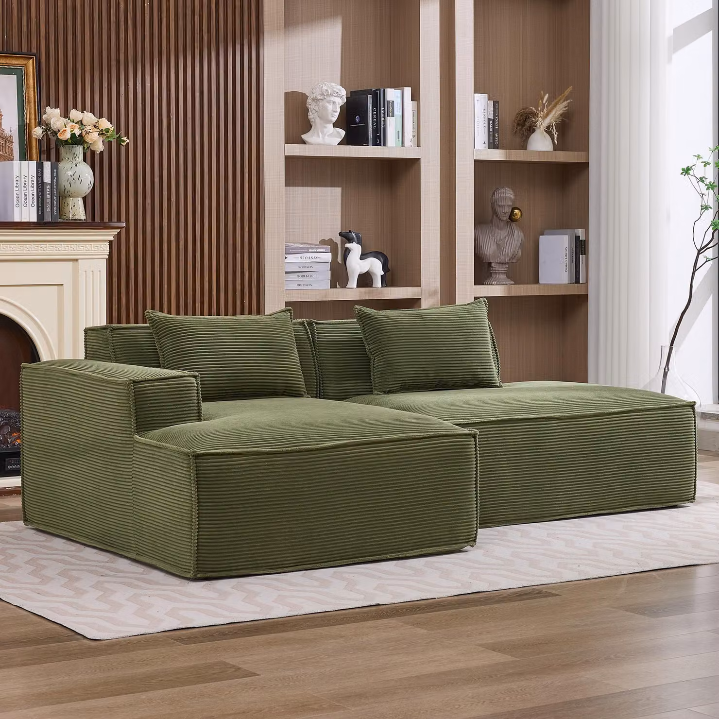 Divano componibile LVHOM in tessuto corduroy, 233 cm, divano lounge a terra a 2 posti con chaise longue, divano di facile manutenzione per il soggiorno, da montare, verde