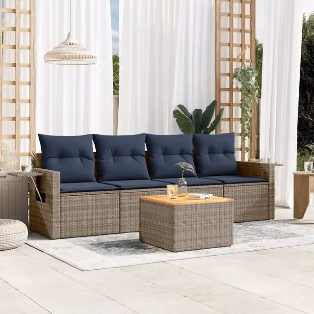 Set da giardino vidaXL in polyrattan composto da 5 pezzi con cuscini grigi e blu e tavolino coordinato – 1
