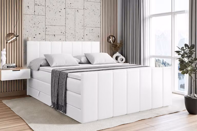 Letto boxspring ALTDECOR con pediera, 2 materassi e topper - 160x200 cm - MOETI-Z KING - Pelle finta bianca - Letto imbottito con materassi H3 e H4, contenitore e rete a doghe, letto con contenitore