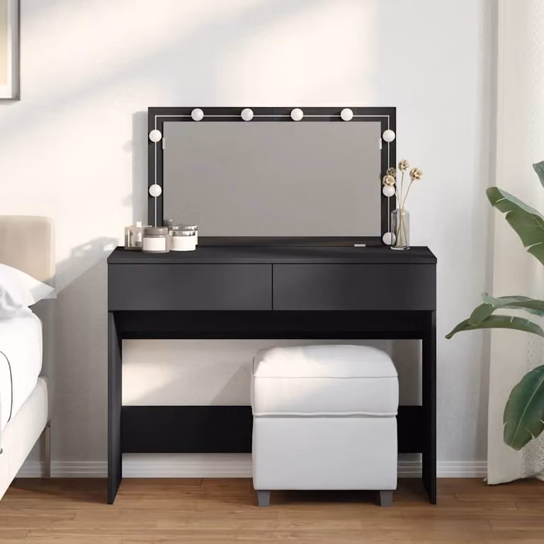 Toeletta Hollywood con LED vidaXL in legno nero opaco L: 100 cm, P: 40 cm, H: 120 cm