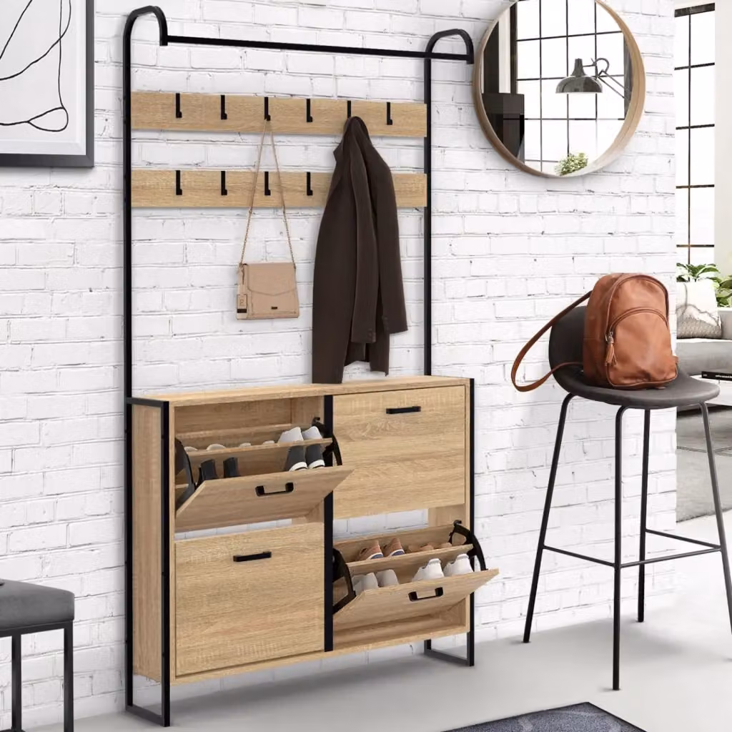 IDMarket Scarpiera LUIS da corridoio a 4 ante design industriale in legno e metallo marrone e nero L/P/H: 180 x 24 x 23,5 cm – 2