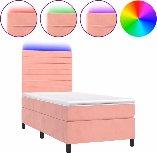 Letto singolo | Letto per adulti | Letto a Molle con Materasso e LED Rosa 90x200 cm in Velluto