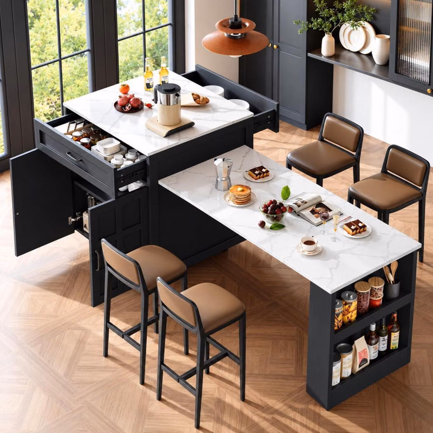 Tavolino da bar estensibile con spazio contenitivo, dimensioni 133-202x70x93,5 cm, aspetto marmo, bianco e nero
