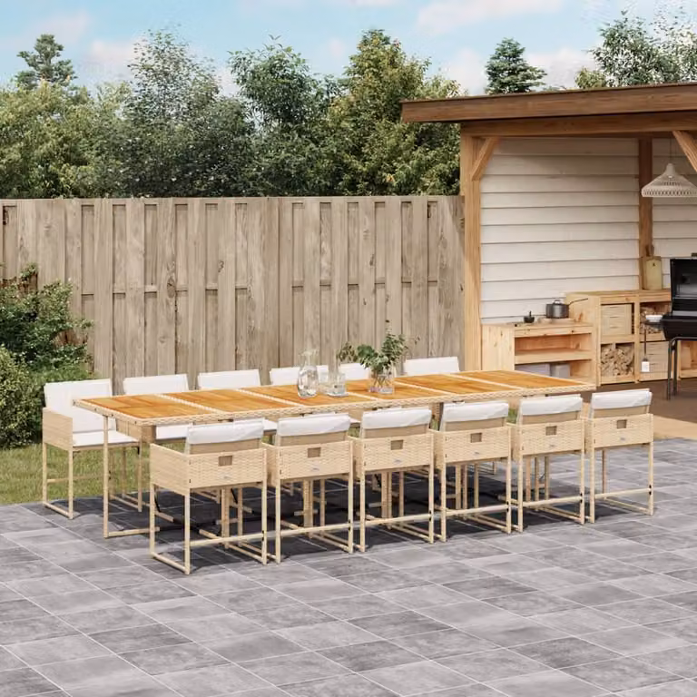 Set da pranzo da giardino vidaXL in polyrattan con cuscini beige e legno di acacia, 13 pezzi